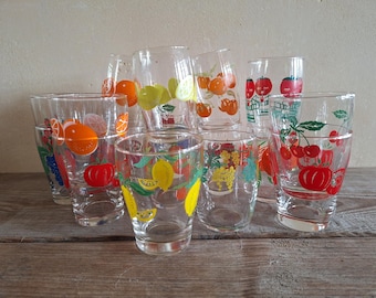 2 ensembles, verres à jus design fruits, verres à boire fruits, verres à limonade motif fruits, verres à eau rétro, mariage, camping, mariage à la campagne
