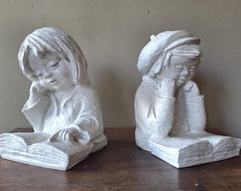 Mid-century bookends, boy-girl bookends, resin figure, MCM art, Christmas gift, Copy VB resin, nursery decor, 60s, 70s