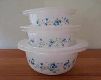 Arcopal Veronica dishes, Arcopal Myosotis dishes, Arcopal France, Arcopal forget-me-nots, Arcopal oven dish, pyrex, Christmas gift, mcm
