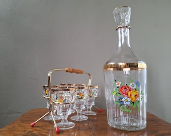 Liqueur set, decanter with 6 shot glasses, decanter with glasses, shot glasses with flowers, shot glasses, shot glasses in rack, Christmas gift, wedding, 60s
