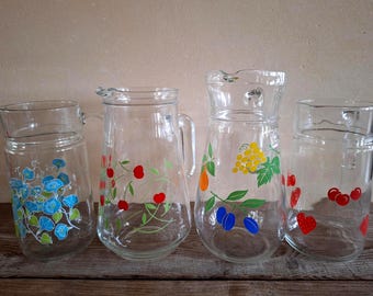 Glass carafe, water jug with flowers, water jug 70s, retro kitchen, camping, juice jug, wedding styling, Arcopal France, retro water jug, Christmas gift