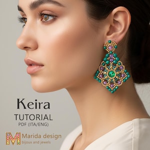 May include: A large, diamond-shaped beaded earring featuring a central green crystal surrounded by gold, teal, and purple beads. The text Keira TUTORIAL PDF (ITA/ENG) and Marida design bijoux and jewels are visible in the lower left corner.