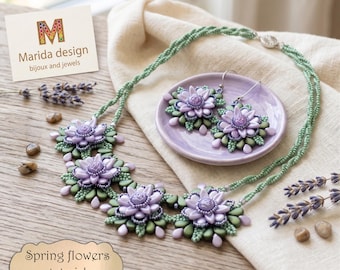 SPRING FLOWERS Jewelry Set Beading Tutorial PDF | Necklace and Earrings Bead Weaving Pattern