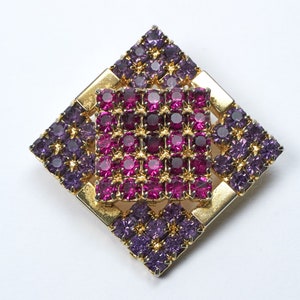 Vintage purple and pink rhinestone and gilt metal diamond shaped brooch