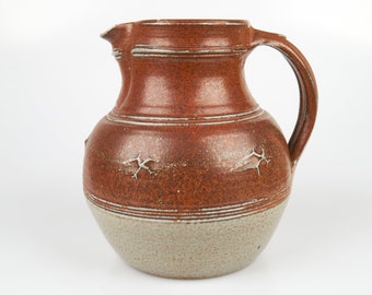 Unusual 1970s Winchcombe Studio Pottery salt glazed stoneware jug by Ray Finch decorated with Maltese Crosses.