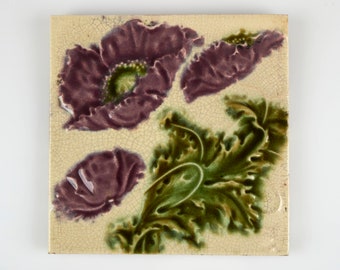 Antique 1900s Corn Bro’s Art Nouveau purple poppy pottery tile