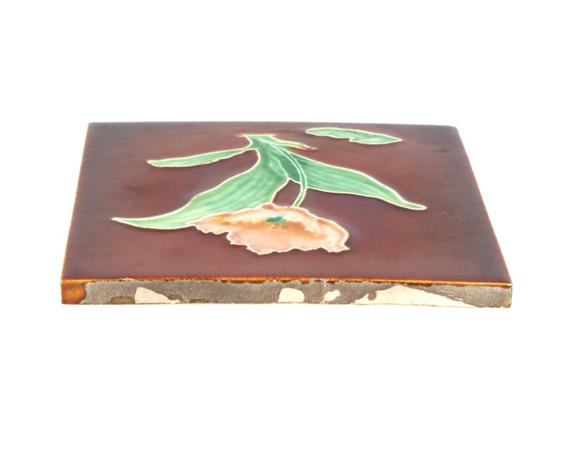Ltd Art Nouveau pink tulip pottery tile Antique 1900s Henry Richards Tile Co