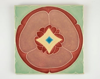 Antique 1900s Art Nouveau Minton pink poppy pottery tile.
