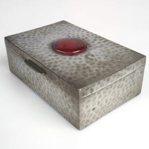 Antique 1920s Arts and Crafts pewter and ceramic cabochon box.