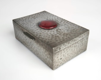Antique 1920s Arts and Crafts pewter and ceramic cabochon box.