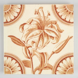 Antique 1880s Corn Bros  Aesthetic Movement brown and white lily pottery tile