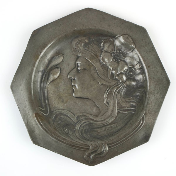 Antique 1900s WMF Alphonse Mucha maiden Art Nouveau pewter card jewellery tray plate.