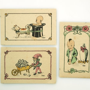 3 originele gedrukte Art Deco Cupido en schattige baby- en kabouterparfumtestkaarten uit de jaren 20-30. Set 1