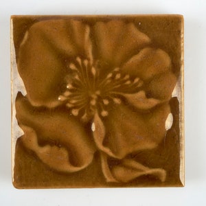 Antique William Godwin Arts and Crafts poppy amber pottery tile 1890. 3 inches square.