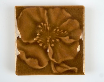 Antique William Godwin Arts and Crafts poppy amber pottery tile 1890. 3 inches square.
