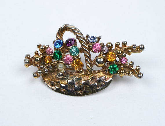 Broche Vintage Métal Doré Années 70/80 - Strass Multicolores - Bijou Fantaisie
