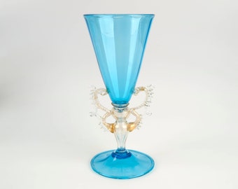 Antique 19th century Salviati Venetian blue, clear and gold leaf glass goblet. Crack to handle.