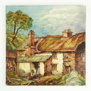 Antique 1880s hand painted Minton Arts and Crafts country cottage 8 inch pottery tile. Framed
