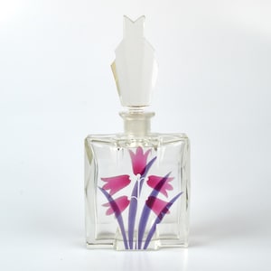 Stylish 1920-30s Art Deco engraved and enamelled glass perfume bottle.