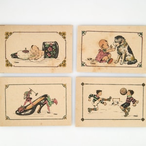 4 originele gedrukte Art Deco Cupido-kaarten uit de jaren 1920-30 en ruilkaarten voor schattige babyparfumtests. Set 5