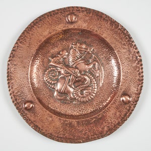 Antique 1900s Arts and Crafts repousse St. George and the Dragon copper wall charger