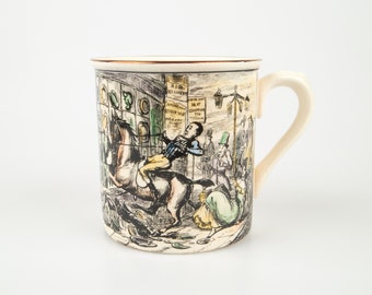 Amusing 1950s Gray's Pottery mug with Rider and horse crashing into china and pottery shop.