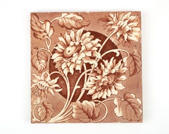 Antique 1880-90s Victorian Thomas Boote Aesthetic Movement transfer printed dahlia pottery tile.