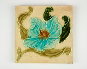 Antique 1900s Thomas Boote & Son Art Nouveau turquoise poppy flower pottery tile