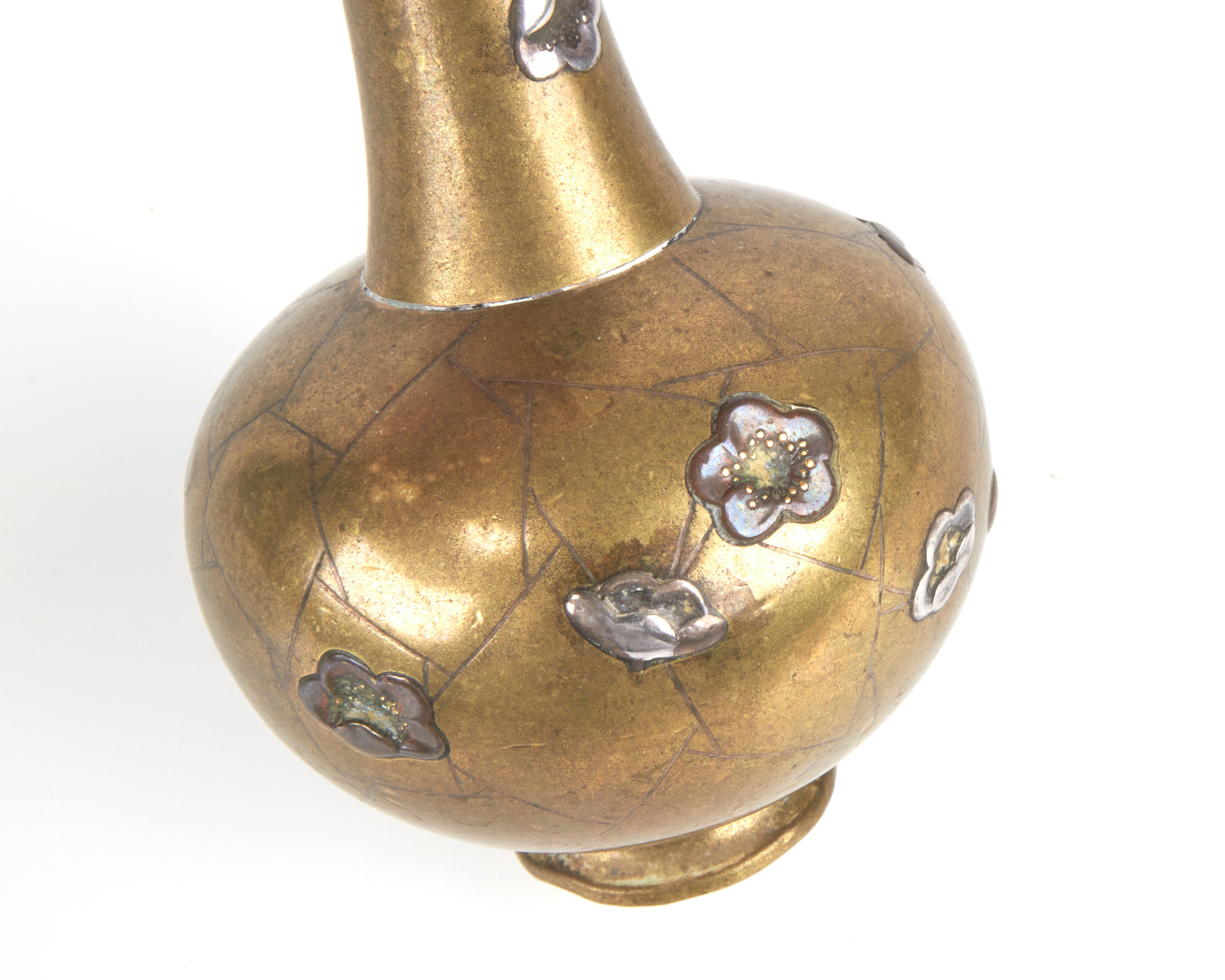 Antique Signed 19thc. Japanese Bronze Vase Inlaid With Gold