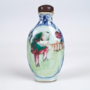 Antique late 18th-19 century Chinese Famille Rose decorated blue and white porcelain snuff bottle and hard stopper