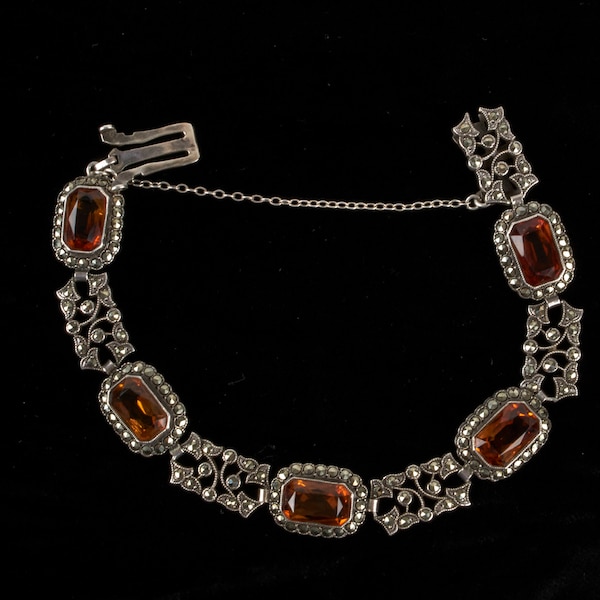 Vintage 1950s Silver, Marcasite and Citrine Bracelet.