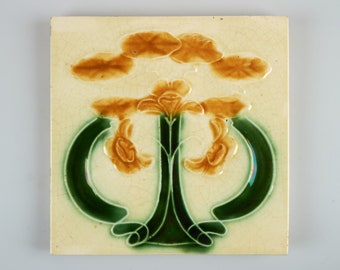 Antique 1900s English Alfred Meakin Art Nouveau yellow iris pottery tile