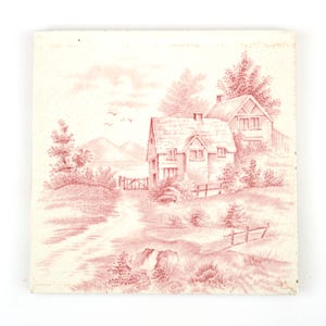Antique 1890&#39;s Victorian country cottages and bridge pink and white pottery tile.