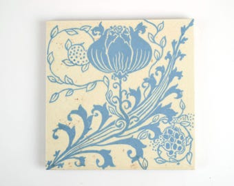Antique 1900s Minton Art Nouveau blue poppy pottery tile.