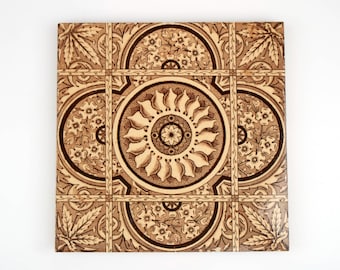 Antique 1880s English Aesthetic Movement sunflower brown and cream pottery tile.