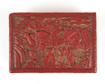 Antique 19thc. Chinese carved cinnabar lacquer rectangular box.