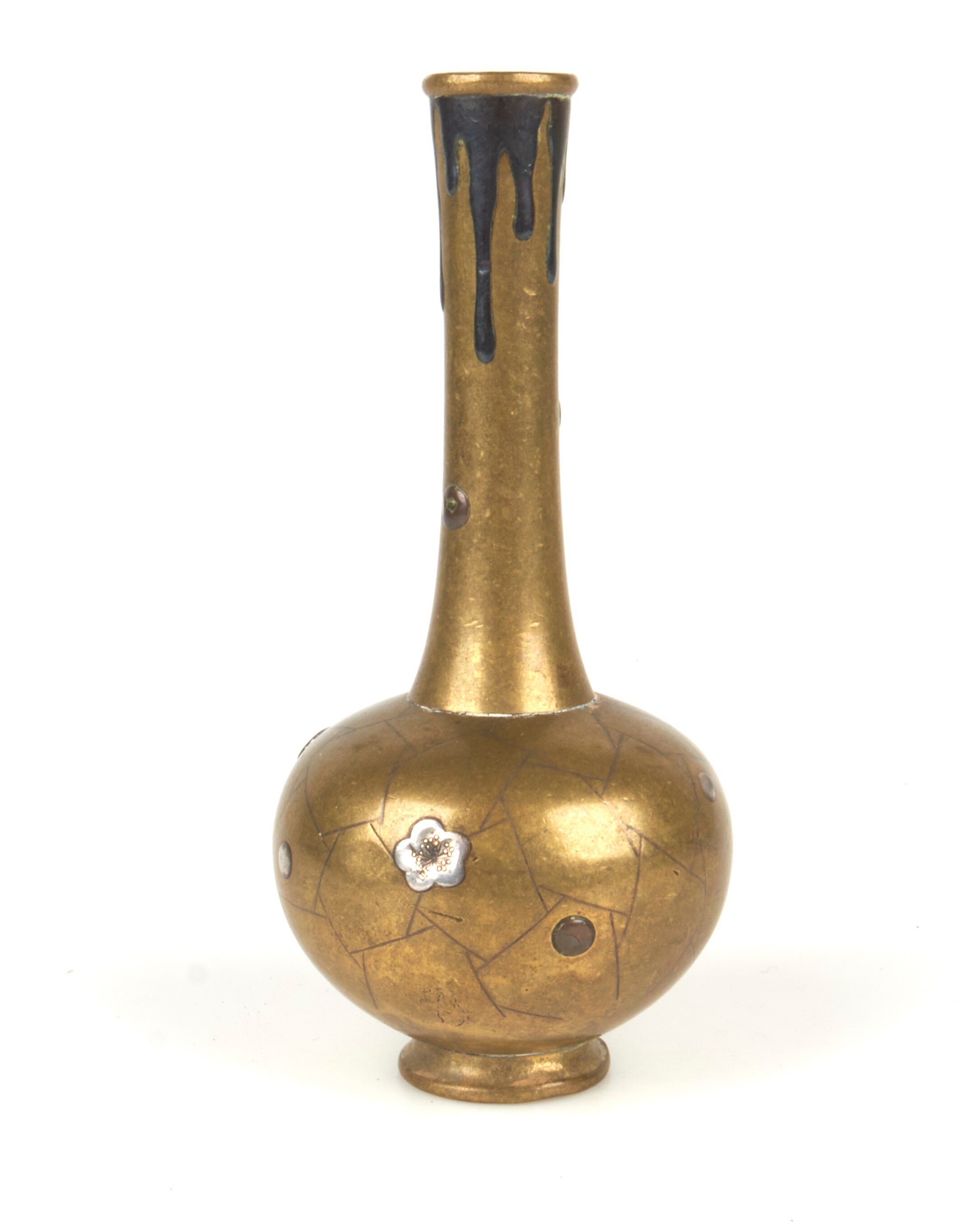 Antique Signed 19thc. Japanese Bronze Vase Inlaid With Gold