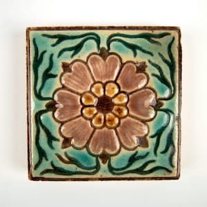 Antique 1880-90s English Arts and Crafts pink and yellow pottery tile. 3inch square