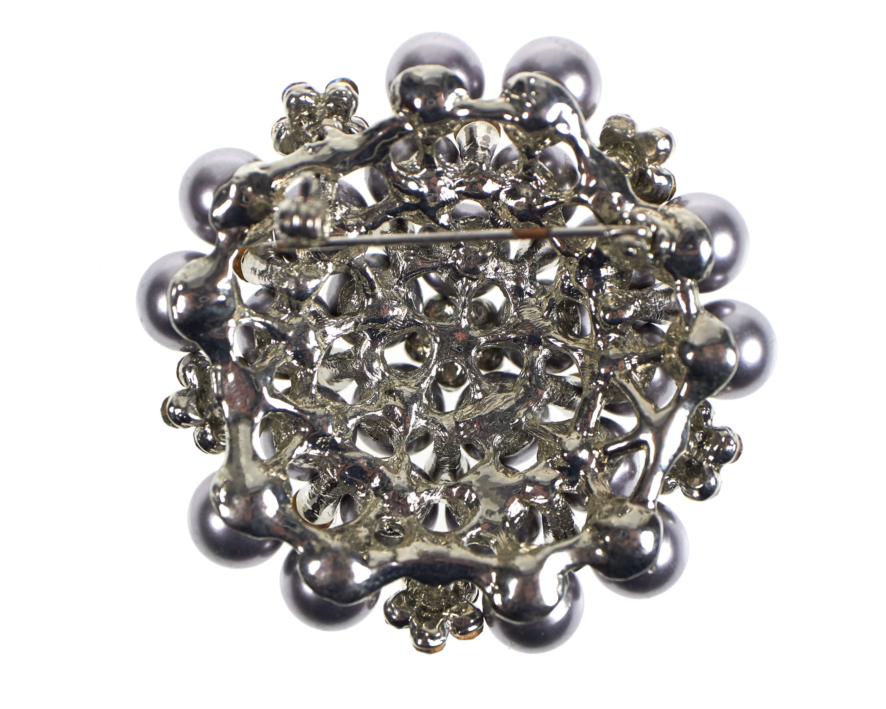 クラスターブローチ 1950～60年代のヴィンテージ ブルー ラインストーンとシルバー パール