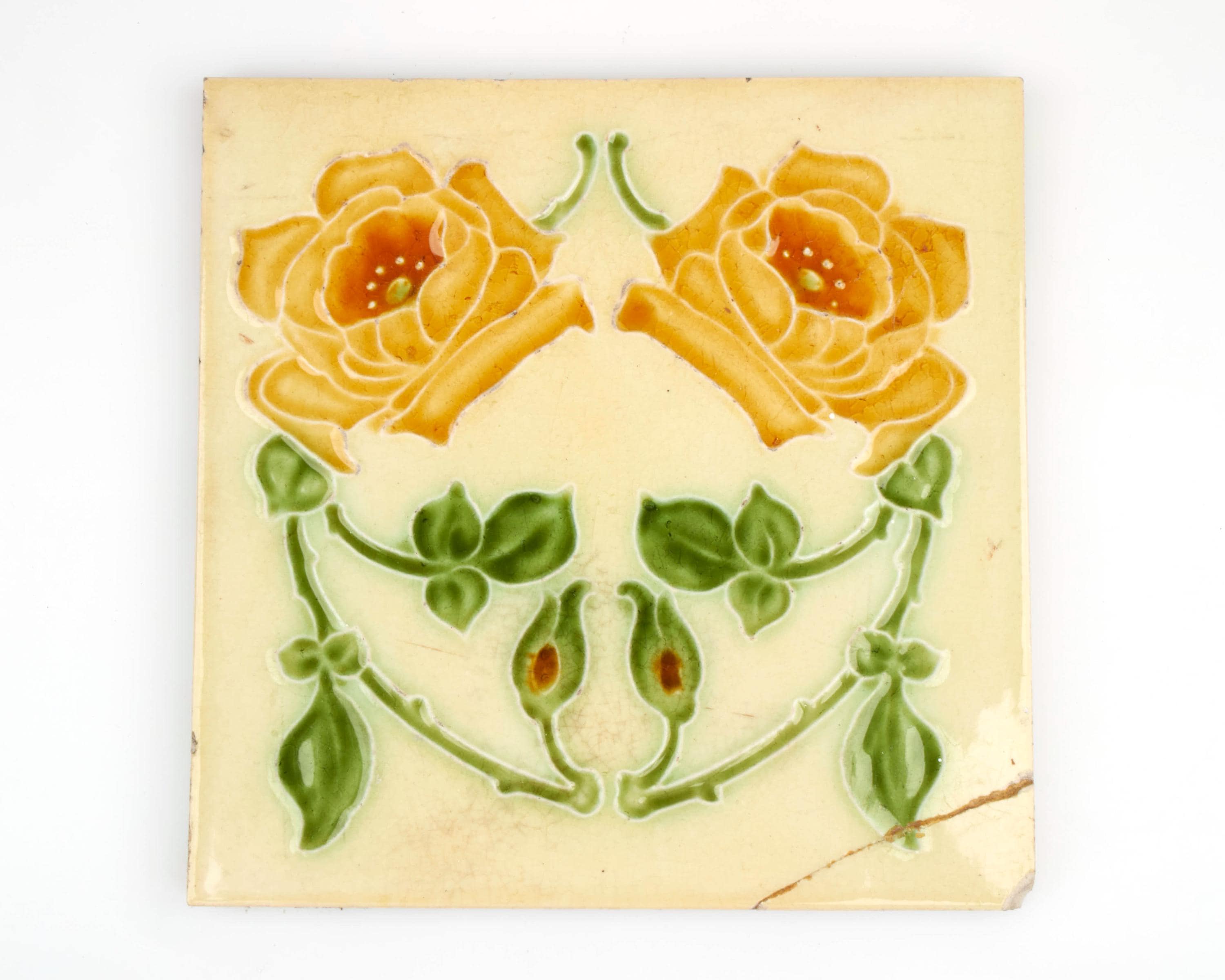 Antique 1900s J. H. Barratt Art Nouveau Yellow Rose Pottery Tile