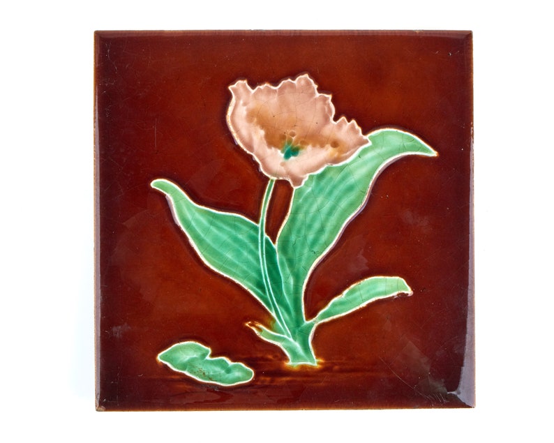 Ltd Art Nouveau pink tulip pottery tile Antique 1900s Henry Richards Tile Co