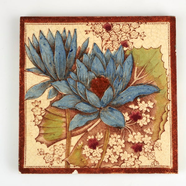 Antique 1880-90s Corn Bros Aesthetic Movement blue lilies pottery tile.