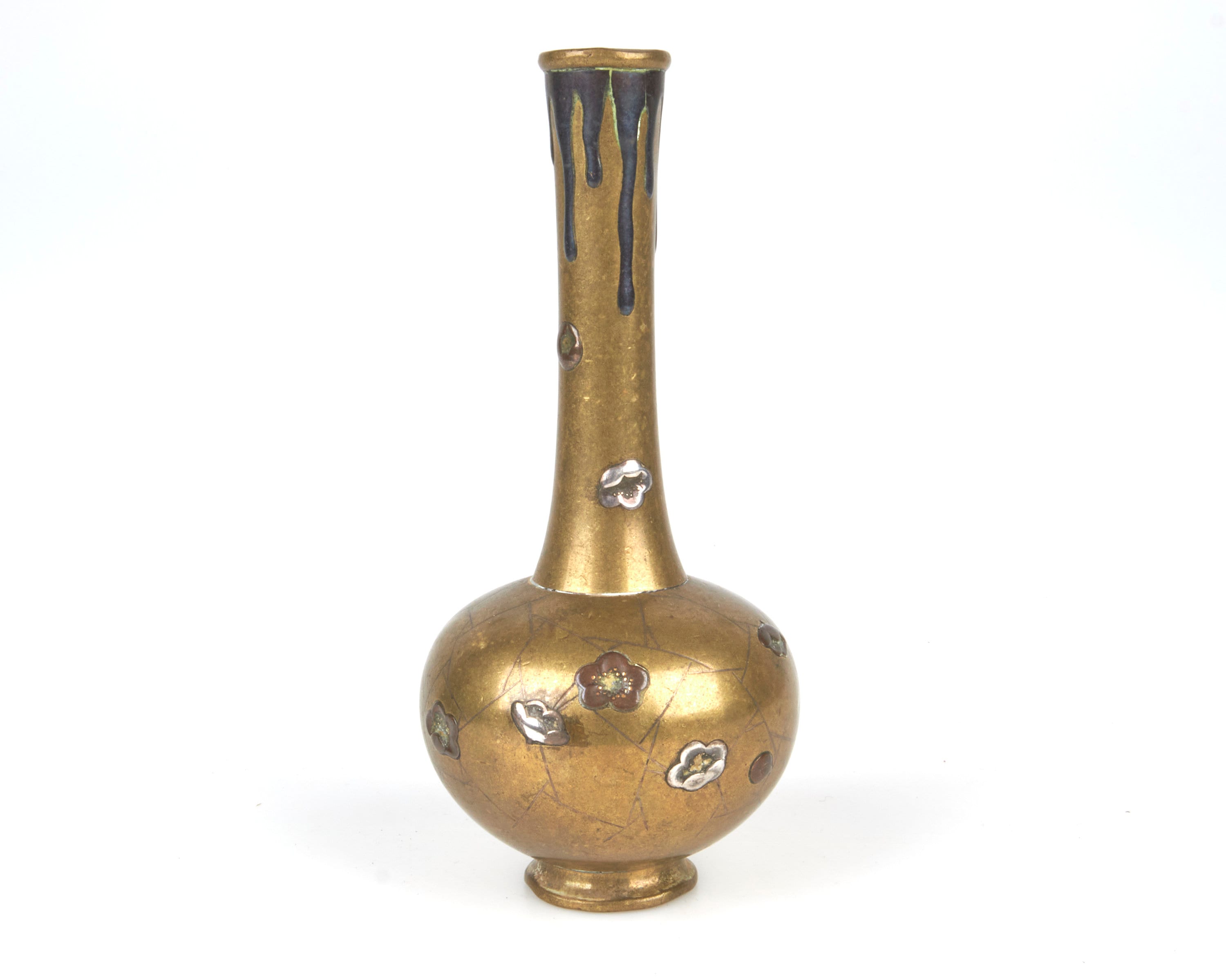 Antique Signed 19thc. Japanese Bronze Vase Inlaid With Gold