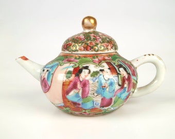 Antique 19th century Chinese Canton Famille Rose miniature porcelain teapot. Chipped.