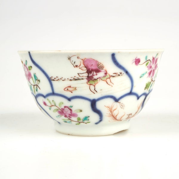 Antique 18th century Chinese painted Famille Rose fishermen porcelain tea bowl.