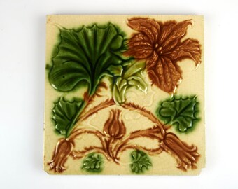 Antique 1900s Thomas Boote & Son Art Nouveau gourd flower pottery tile.