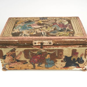 Antique Italian Art Deco carved and painted Rigoletto opera wooden jewellery box.