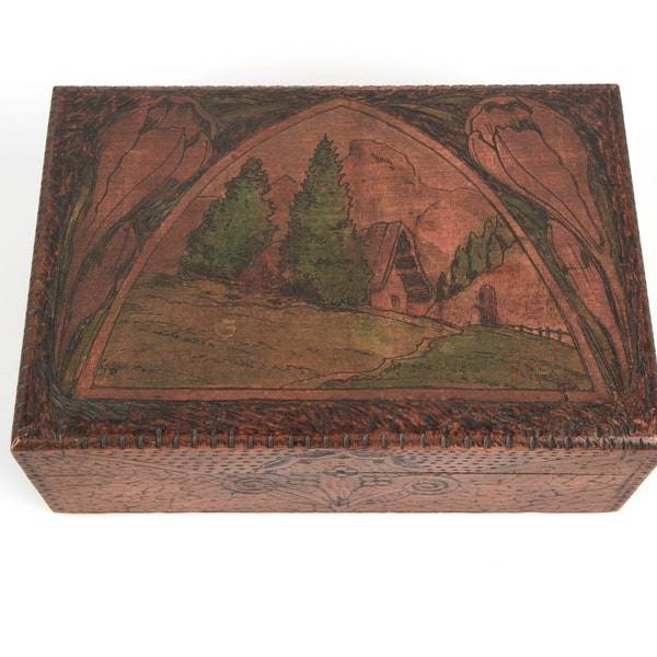 Antique 1920-30s Art Deco alpine scene ink and pokerwork wooden box.