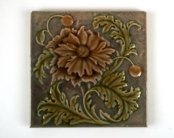 Antique 1890s Arts and Crafts Sherwin and Cotton poppy pottery tile.