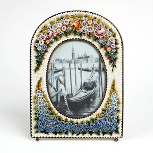 Antique 1900-10s Italian rose and forget-me-not millefiori photograph frame micro mosaic and gilt metal easel photograph frame.